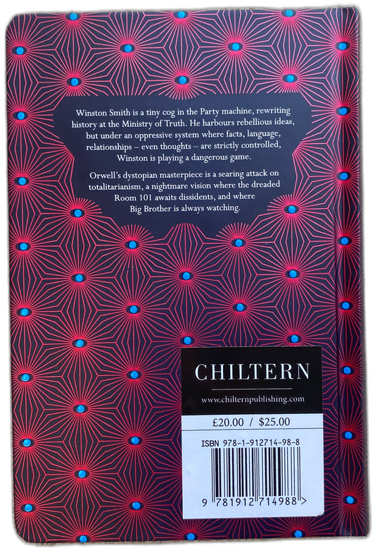 The back cover of the book 'Chiltern' by Richard Bach, featuring a dark purple background with a repeating geometric starburst pattern in pink and blue, a barcode, and white descriptive text.